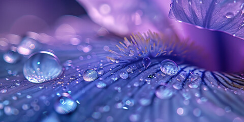 Closeup of purple flower with water droplets on petals in nature garden during morning sunrise