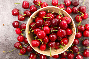 cherry fruit in bowl, top view