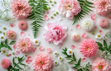 A variety of pink blossoms, including peonies and dahlias, are artfully spread out with lush green leaves and tiny white buds, creating a symphony of natural beauty on a pristine white surface.