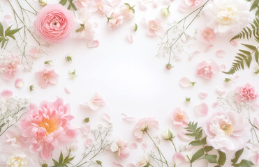 Pink and white flowers were scattered on the table, with a flat lay of pink peonies and baby's breath, pink dahlia blooms, and green fern leaves on a white background, in a top view with a pastel.