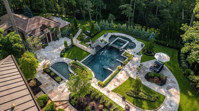 aerial view of an impeccably landscaped backyard oasis, blending beauty with functionality
