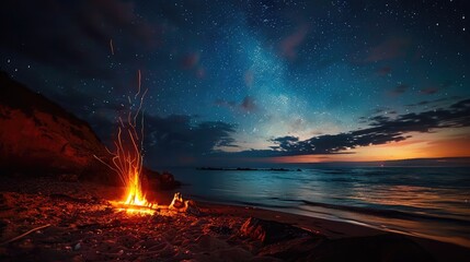 Beach bonfire gathering under a starlit sky, igniting warmth and camaraderie by the water's edge - obrazy, fototapety, plakaty
