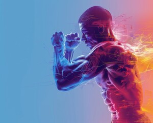 A muscular man in a boxing stance with a blue and red neon outline. - obrazy, fototapety, plakaty