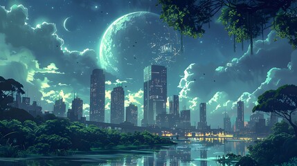 Urban Night Glow: A vibrant city skyline under the moonlight, filled with skyscrapers and illuminated streets - obrazy, fototapety, plakaty