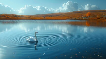 A tranquil lake is nestled among rolling hills, its surface like glass reflecting the azure sky above. A lone swan glides gracefully across the water, leaving a trail of ripples in its wake.
