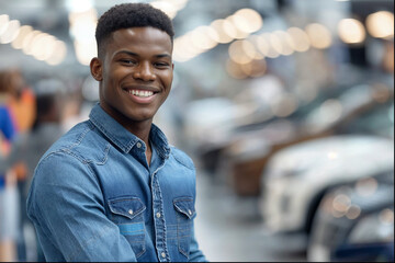 Young Man Smiling in Car Showroom, Considering New Purchase
