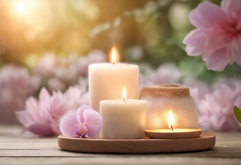 Soft colors Spa & Zen Background with candles & orchid - AI generated