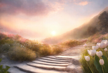 Beautiful stairs in a soft colored landscape - AI generated