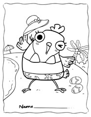 Summer, chicken on the beach, Coloring Pages For Kids, digital painting, Preschool, Coloring Book Simple, Homework, Homeschool, Printable worksheets , Kindergarten