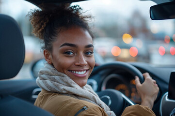 Young Woman Smiling While Driving in the City
