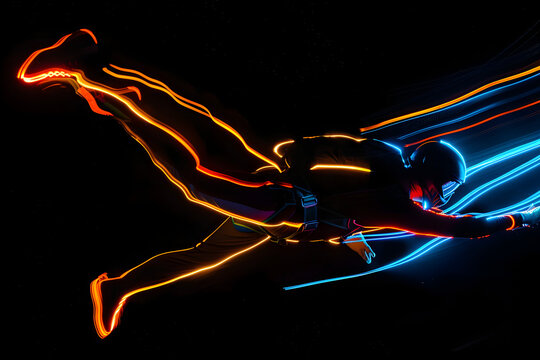Neon skydiver silhouette in freefall isolated on black background.