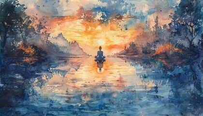 Obraz na płótnie Canvas A watercolor painting of a person meditating on a lake at sunset.