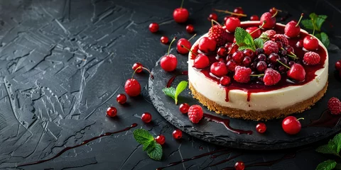  Delicious cheesecake with cherries and berries on black background, top view, copy space © SHOTPRIME STUDIO