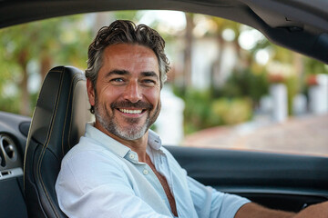 Happy Middle-Aged Man Smiling in Luxury Convertible Car