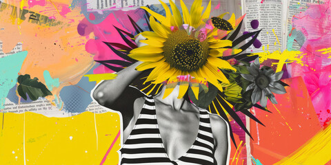 Vibrant Sunflower Woman with Striped Outfit and Abstract Art Background - obrazy, fototapety, plakaty