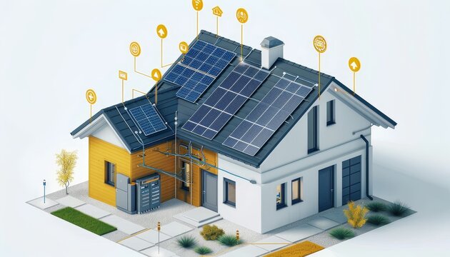 A house with solar panels on the roof and a solar panel on the side by AI generated image