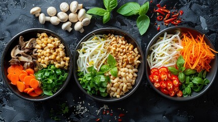 Three Bowls Filled With Varied Vegetables