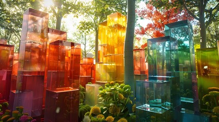 A Buddhist temple with brightly colored transparent blocks surrounding flowers and trees in a tranquil garden.
