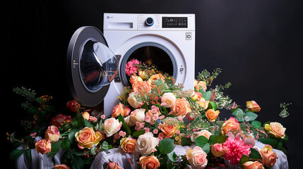 Dynamic power by nature modern washing machine the door of the washing machine is open bunch of roses. flowers overflow the washing machine scattered around all kinds of rose