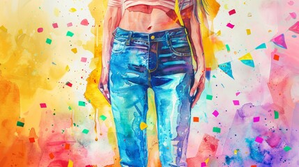 watercolor painting of a woman wearing jeans with bright colorful background