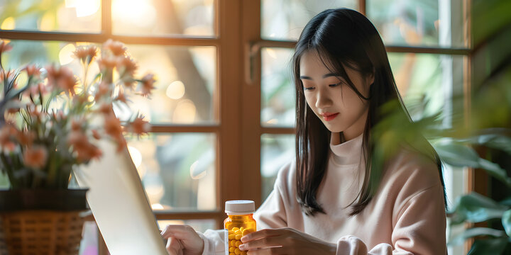 Informed Choices: The Conscious Consumer, Wellness Reader: Decoding Health Products, Young Woman Checking Medication Bottle in Bright Home Office