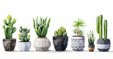 KSSet of watercolor potted plants and cacti in boho  - obrazy, fototapety, plakaty