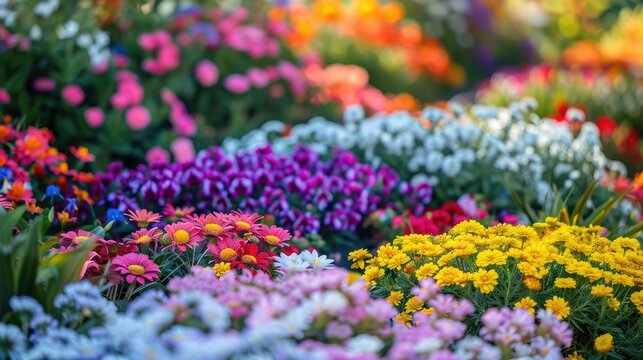 Colorful flower beds in full bloom, creating a picturesque scene in the backyard