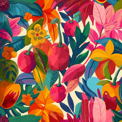  A vibrant and colorful pattern featuring abstract shapes, fruits such as apples or cherries, tropical leaves, palm trees, and flowers in shades of pink, red, yellow, green, and blue.