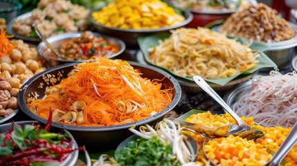 colorful spread of Thai street food, including pad Thai, som tum, and mango sticky rice, showcasing the diversity of Thai cuisine.