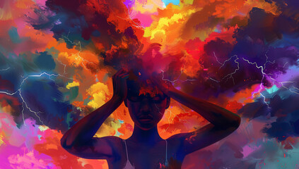 Art, woman or storm as pain, burnout of depression as creative, painting or vision as fear aesthetic. Thunder, lightning or girl on colorful, clouds or trauma, headache or anxiety on ptsd wallpaper - obrazy, fototapety, plakaty