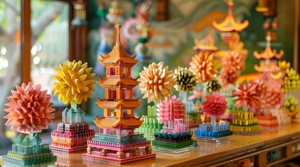 Models of various buildings and structures made from building blocks are lined up in beautiful colors.