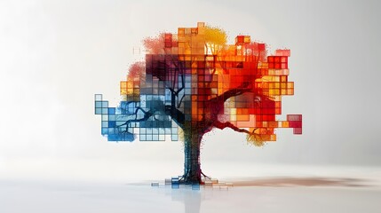 Colorful geometric cityscape design with pixelated patterns and digital shapes, representing a vibrant urban landscape in a digital world