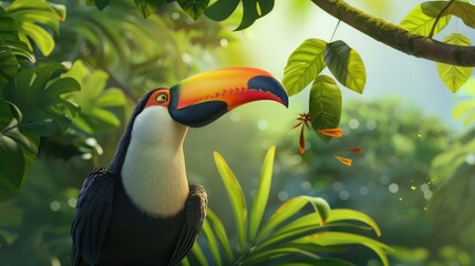Naklejka premium curious toucan with its colorful beak exploring the lush green canopy of the rainforest