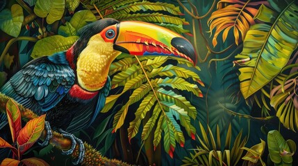 Naklejka premium curious toucan with its colorful beak exploring the lush green canopy of the rainforest