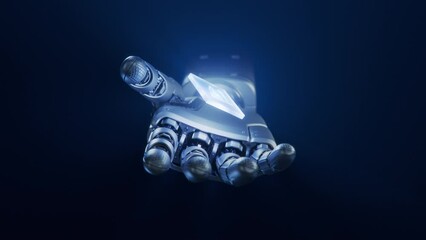 Metal Hand of Humanoid Robot Appearing and Offering Innovative and Advanced AI Accelerated Chip. Humanoid Robot Hand with Glowing Futuristic Processor. Cooperation with Artificial Intelligence - Powered by Adobe