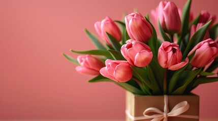 Fototapeta premium Tulips with gift box on red background.