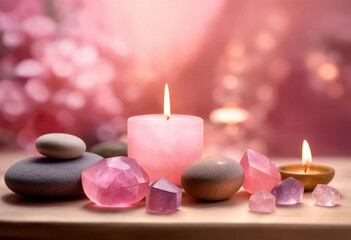 Reiki, Zen, Spa, Therapy crystals and candle - AI generated