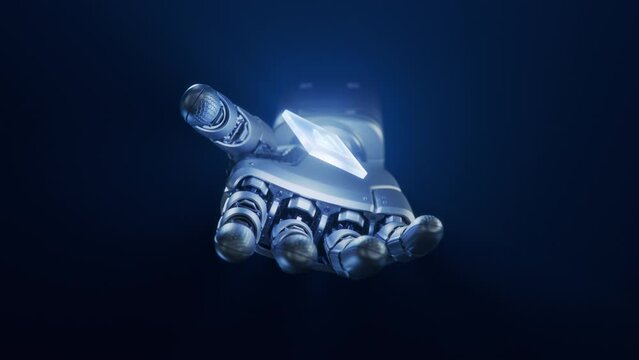 Metal Hand of Humanoid Robot Appearing and Offering Innovative and Advanced AI Accelerated Chip. Humanoid Robot Hand with Glowing Futuristic Processor. Cooperation with Artificial Intelligence