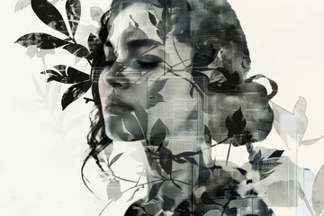 Fototapeta premium Black and White Artistic Portrait of Woman with Nature Overlays
