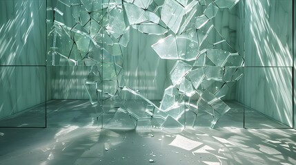 A room full of broken glass allows a passage into another room filled with light. - obrazy, fototapety, plakaty