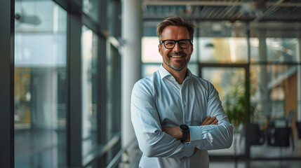 European white business man portrait with smiling face and in confident gesture