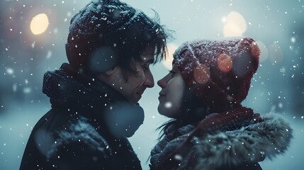 Winter Wonderland: A joyful couple embraces in the snowy night, surrounded by Christmas magic, snowflakes, and happiness - obrazy, fototapety, plakaty