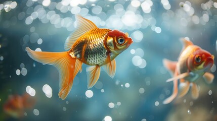 Elegant goldfish swimming gracefully in a clear pond, their shimmering scales catching the sunlight
