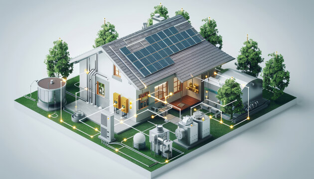 A house with solar panels on the roof and a water tank by AI generated image