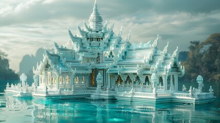 White Temple in Thailand: Majestic ancient Buddhist landmark glowing under the night sky - obrazy, fototapety, plakaty
