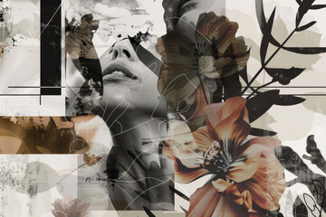 Abstract Floral Collage with Female Silhouette in Monochrome Tones