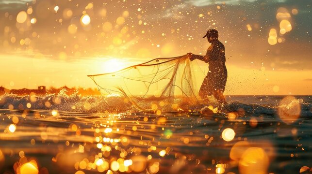 fisherman casting a net into the sparkling ocean waters, silhouetted against the morning sun