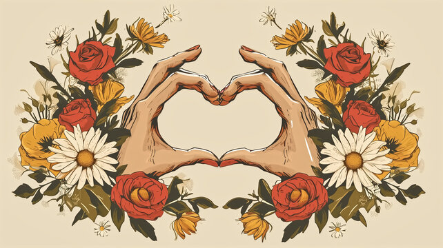 An artistic illustration of hands forming a heart shape, encircled by a wreath of beautifully detailed red roses and daisies.
