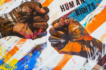 Fight for human rights. Modern art collage. Contemporary minimalistic artwork i with hands showing fists isolated over white background. Human rights international day concept , with writing " HUMAN R