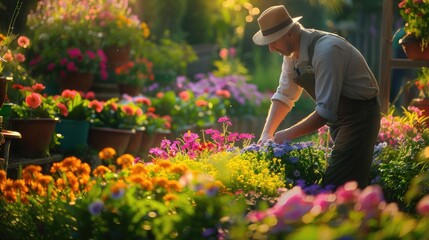 gardener admiring a blooming flowerbed, basking in the beauty of nature and the rewarding results of diligent care and attention.